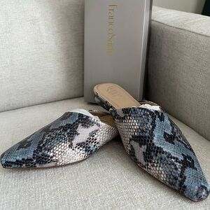 Franco Sarto Blue Snake-Print Pointed Leather Mules